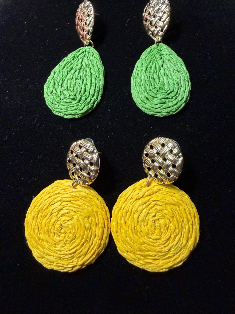 Earrings, Green and Yellow Raffia Drop Earrings